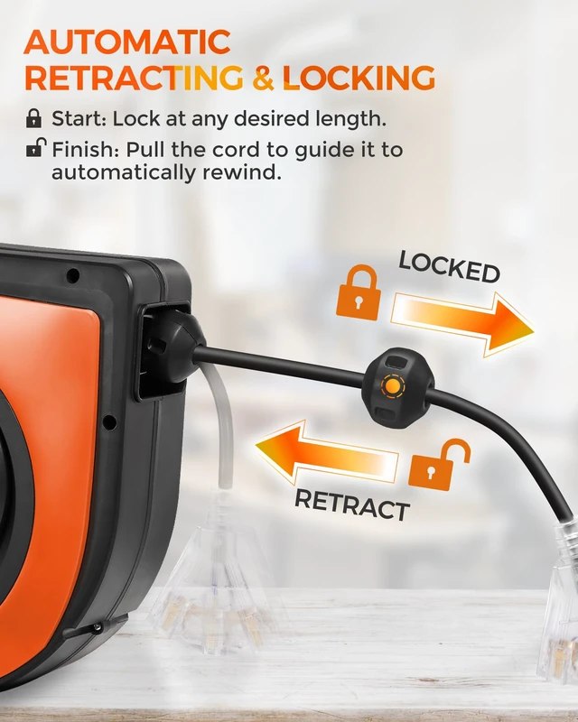 Alt view image 7 of 7 - Retractable Cord Reel, 75 FT Heavy Duty Extension Cord, 14AWG/3C SJTOW, 3 Grounded Outlets Lighted Triple Tap, 10A Circuit Breaker, Wall/Ceiling Mounted, UL Listed, Black B75CR06
