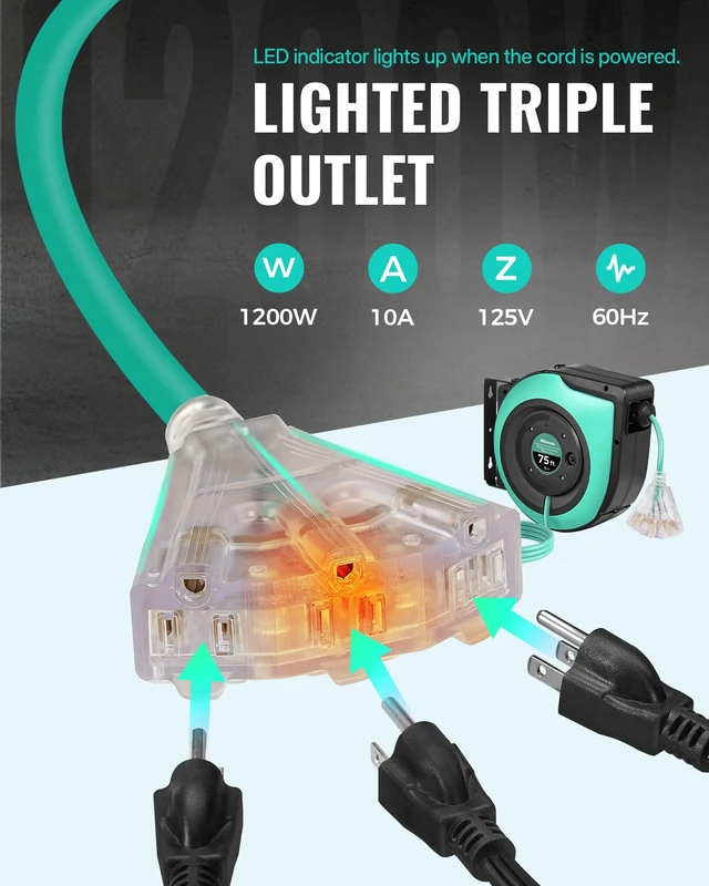 Alt view image 7 of 7 - Retractable Cord Reel, 75 FT Heavy Duty Extension Cord, 14AWG/3C SJTOW, 3 Grounded Outlets Lighted Triple Tap, 10A Circuit Breaker, Wall/Ceiling Mounted, UL Listed, Light Green A75CR06