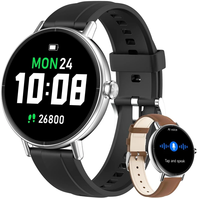 Main image of Smart Watch for Women, 40mm HD Fitness Tracker, Answer & Make Call for iPhone/Android/Samsung, Heart Rate/Stress/Sleep Monitor, 7 Day Battery, 110+ Sports Modes, 2 Band, IP68, Black