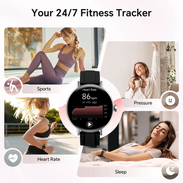 Alt view image 4 of 7 - Smart Watch for Women, 40mm HD Fitness Tracker, Answer & Make Call for iPhone/Android/Samsung, Heart Rate/Stress/Sleep Monitor, 7 Day Battery, 110+ Sports Modes, 2 Band, IP68, Black