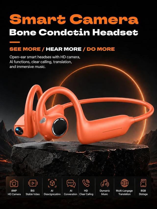 Alt view image 2 of 7 - E12 Bone Conduction Headphones with Camera, Open-Ear Bluetooth Earbuds (Orange Color)