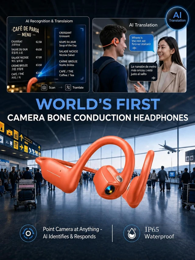 Alt view image 4 of 7 - E12 Bone Conduction Headphones with Camera, Open-Ear Bluetooth Earbuds (Orange Color)