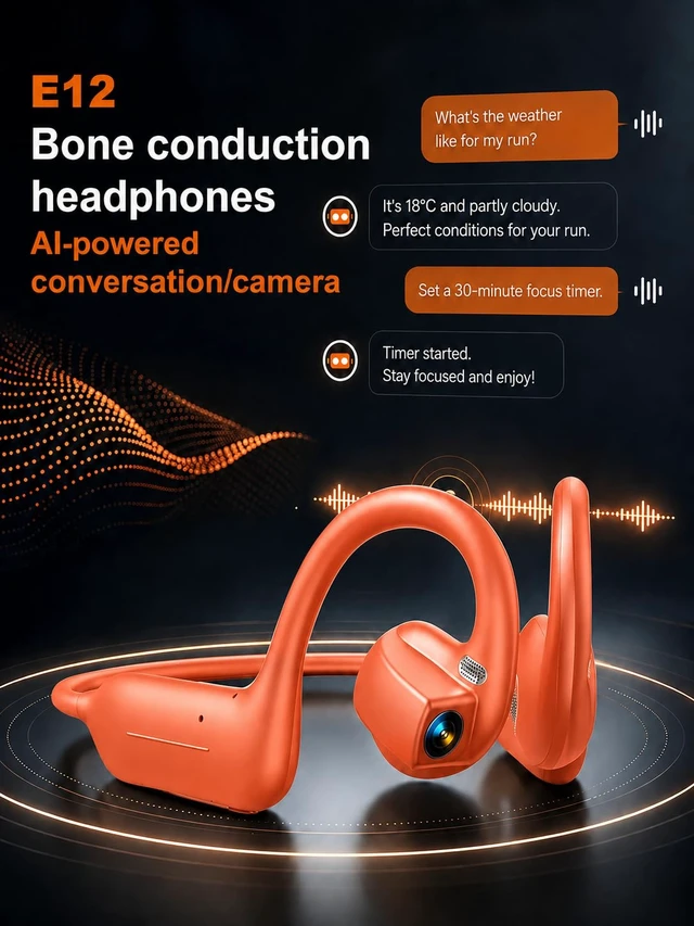 Alt view image 6 of 7 - E12 Bone Conduction Headphones with Camera, Open-Ear Bluetooth Earbuds (Orange Color)