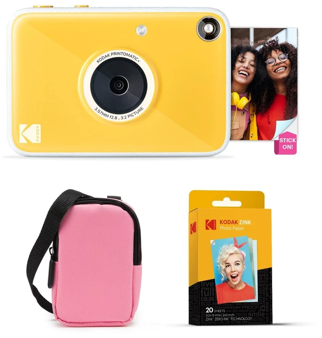 Main image of Printomatic+ Instant Print Digital Camera Starter Bundle + Carrying Case (Pink) + Zink 20pk Sticky-Back Photo Paper - 10MP, Full-Color Photos, GB LED Status Indicator - Yellow