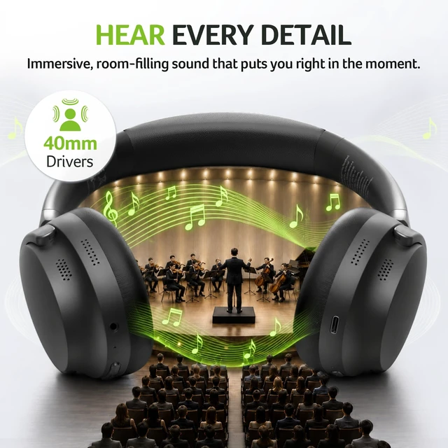Alt view image 4 of 7 - Active Noise Cancelling Headphones,Wireless Bluetooth Over-Ear,Black 45db Anc,100H Playtime,10Min Charge Delivers 10H Playback,Music & Bass EQ Modes, Rotating & Foldable Design for Travel&Office