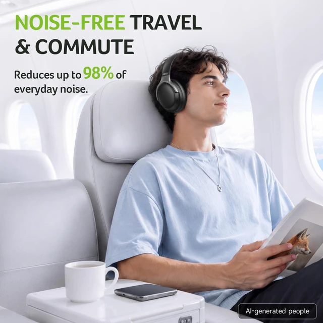 Alt view image 2 of 7 - Active Noise Cancelling Headphones,Wireless Bluetooth Over-Ear,Black 45db Anc,100H Playtime,10Min Charge Delivers 10H Playback,Music & Bass EQ Modes, Rotating & Foldable Design for Travel&Office