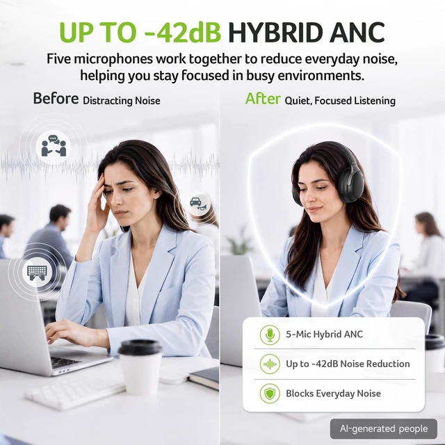 Alt view image 7 of 7 - Active Noise Cancelling Headphones,Wireless Bluetooth Over-Ear,Black 45db Anc,100H Playtime,10Min Charge Delivers 10H Playback,Music & Bass EQ Modes, Rotating & Foldable Design for Travel&Office