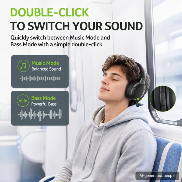 Alt view image 6 of 7 - Active Noise Cancelling Headphones,Wireless Bluetooth Over-Ear,Black 45db Anc,100H Playtime,10Min Charge Delivers 10H Playback,Music & Bass EQ Modes, Rotating & Foldable Design for Travel&Office
