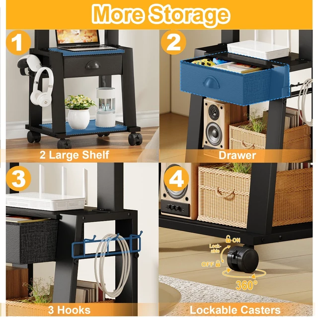 Alt view image 3 of 7 - Rolling TV Stand with Storage for 23-60 Inch TVs up to 88 lbs, Height Adjustable Tilt Mobile TV Mount Cart with Drawer & 2 Shelves, Space-Saving Corner Design for Bedroom Living Room, VESA 400x400mm