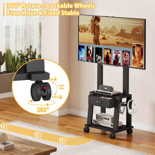 Alt view image 6 of 7 - Rolling TV Stand with Storage for 23-60 Inch TVs up to 88 lbs, Height Adjustable Tilt Mobile TV Mount Cart with Drawer & 2 Shelves, Space-Saving Corner Design for Bedroom Living Room, VESA 400x400mm