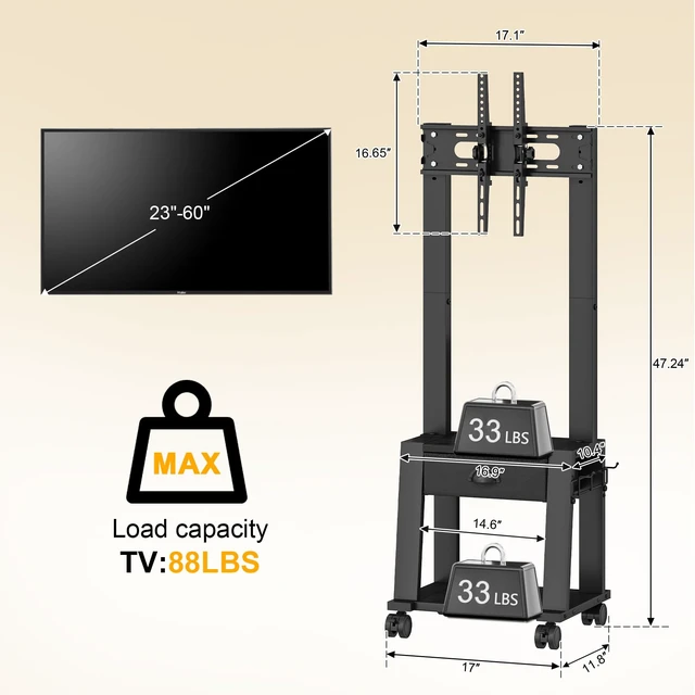 Alt view image 5 of 7 - Rolling TV Stand with Storage for 23-60 Inch TVs up to 88 lbs, Height Adjustable Tilt Mobile TV Mount Cart with Drawer & 2 Shelves, Space-Saving Corner Design for Bedroom Living Room, VESA 400x400mm