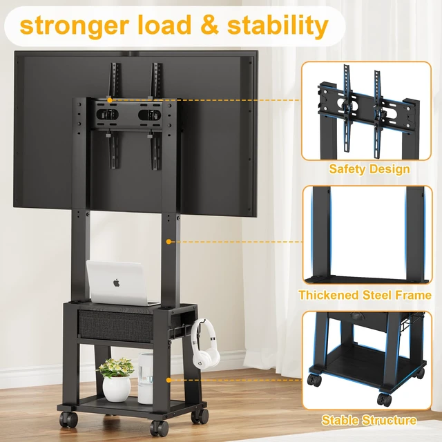 Alt view image 4 of 7 - Rolling TV Stand with Storage for 23-60 Inch TVs up to 88 lbs, Height Adjustable Tilt Mobile TV Mount Cart with Drawer & 2 Shelves, Space-Saving Corner Design for Bedroom Living Room, VESA 400x400mm