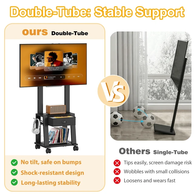 Alt view image 7 of 7 - Rolling TV Stand with Storage for 23-60 Inch TVs up to 88 lbs, Height Adjustable Tilt Mobile TV Mount Cart with Drawer & 2 Shelves, Space-Saving Corner Design for Bedroom Living Room, VESA 400x400mm
