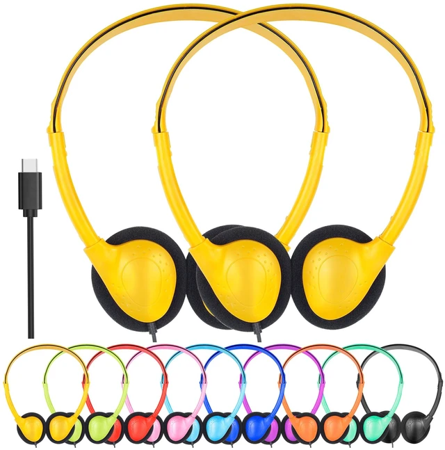 Main image of Type C Kids Headphones 50 Pack, Wired for School, Mixed Colors K-12 Boys Girls Teens Students. Museum Library Classroom Computer Lab. USB C Device PC Chromebook Laptop Tablet