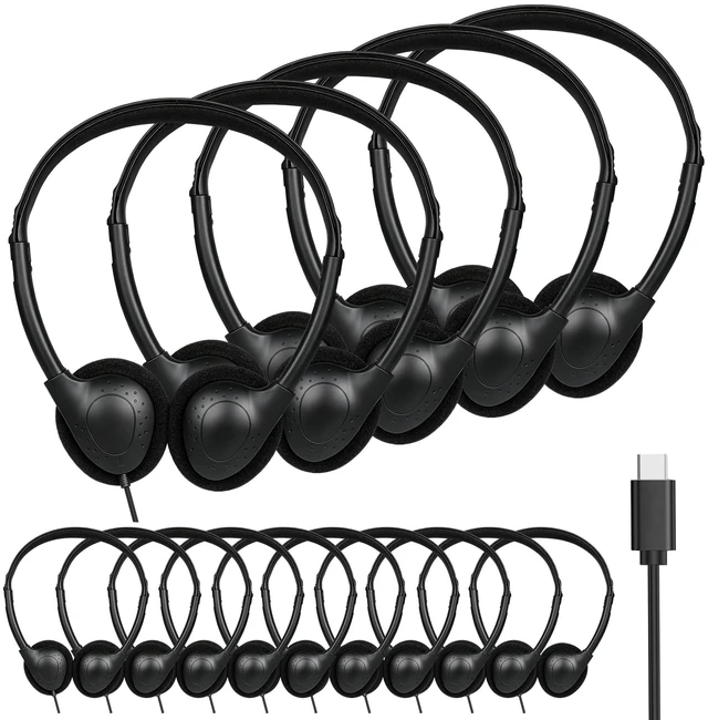 Main image of USB C Classroom Headphones Bulk, Wired 50 Pack On Ear, Black Type C Kids Headphones for School Museum Training Centers Computer Lab Students Teens Adults