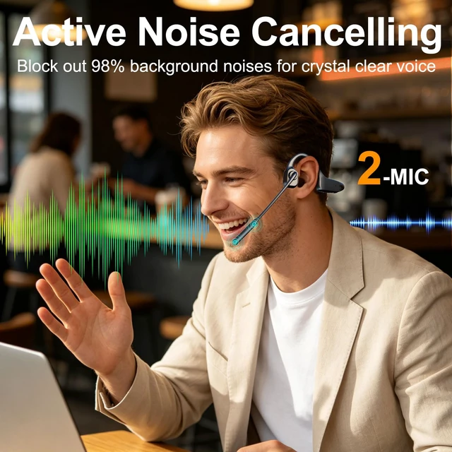 Alt view image 3 of 7 - Bone Conduction Headphones with Microphone Boom, Open Ear Wireless Bluetooth Headset with USB Dongle for PC, AI Noise Cancelling Mic, Bone Conducting Headset for Office Remote Work Sports Driving