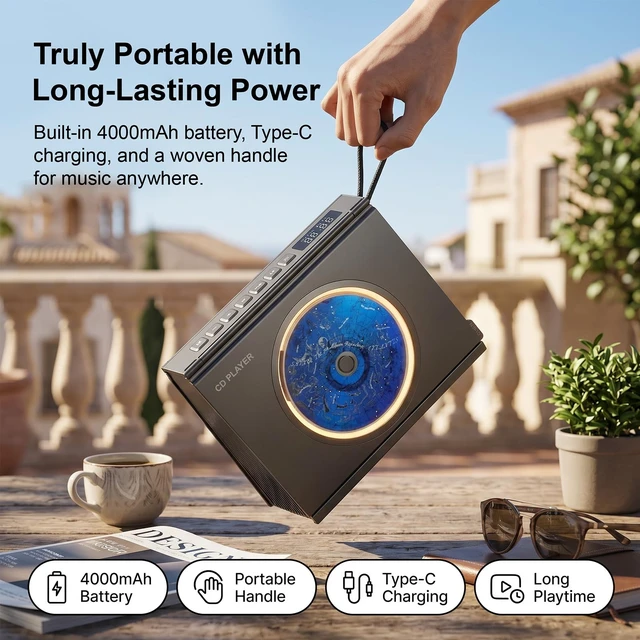 Alt view image 4 of 7 - CD Player Portable Bluetooth CD Players for Home 4000mAh Rechargable Portable CD Player with Hifi Sound & Dual Bluetooth & Dual Speakers & LCD Screen Display & Timer FM Radio Eldly Friendly