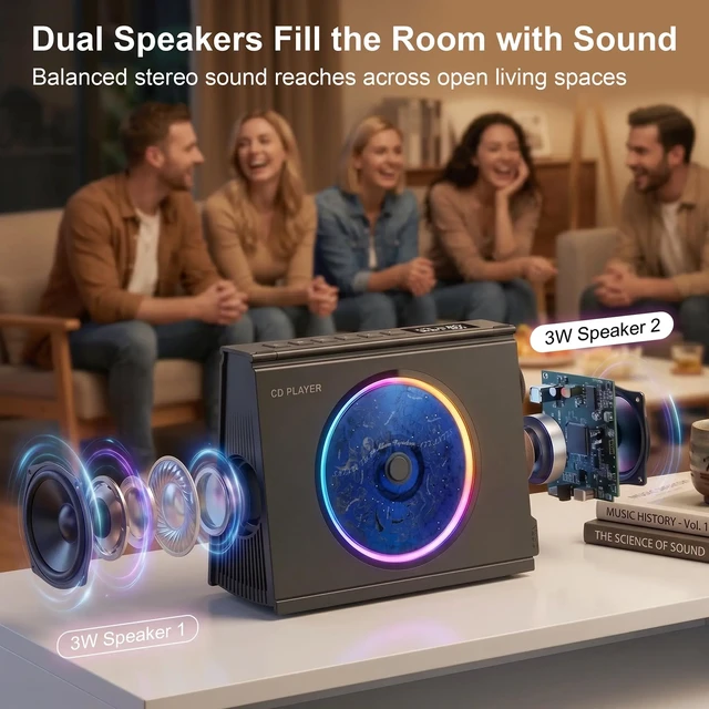 Alt view image 5 of 7 - CD Player Portable Bluetooth CD Players for Home 4000mAh Rechargable Portable CD Player with Hifi Sound & Dual Bluetooth & Dual Speakers & LCD Screen Display & Timer FM Radio Eldly Friendly