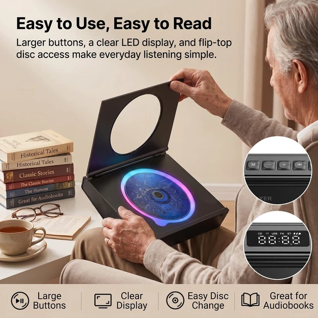 Alt view image 7 of 7 - CD Player Portable Bluetooth CD Players for Home 4000mAh Rechargable Portable CD Player with Hifi Sound & Dual Bluetooth & Dual Speakers & LCD Screen Display & Timer FM Radio Eldly Friendly