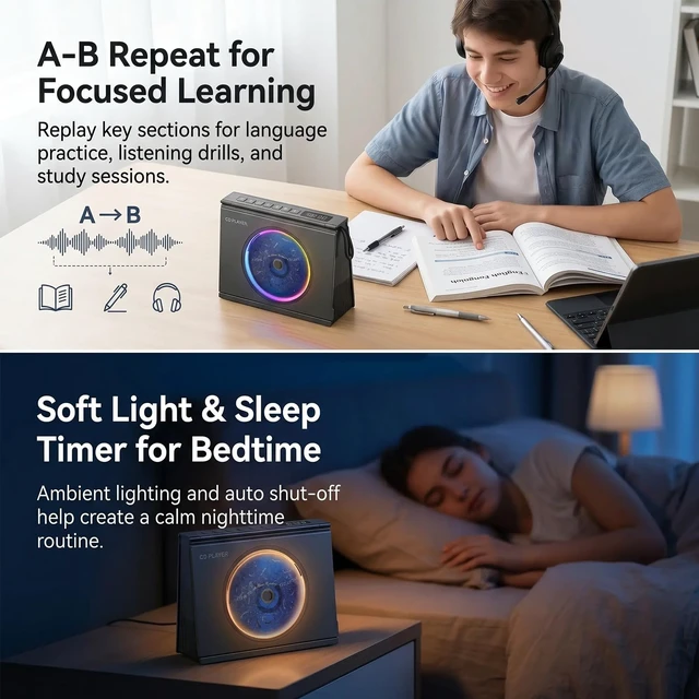 Alt view image 6 of 7 - CD Player Portable Bluetooth CD Players for Home 4000mAh Rechargable Portable CD Player with Hifi Sound & Dual Bluetooth & Dual Speakers & LCD Screen Display & Timer FM Radio Eldly Friendly
