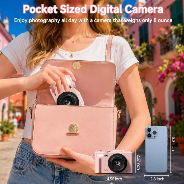 Alt view image 4 of 7 - 4K Digital Camera for Photography,64MP Vlogging Camera with 180°Flip Screen Compact Point and Shoot Camera 18X Digital Zoom,WIFI,Autofocus Travel Camera Kit with Flash,32GB TF Card & 2 Batteries,Pink