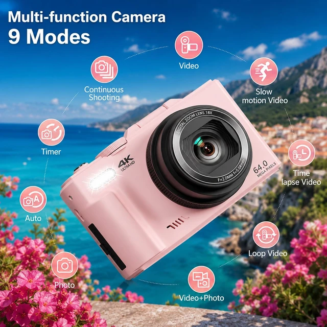 Alt view image 5 of 7 - 4K Digital Camera for Photography,64MP Vlogging Camera with 180°Flip Screen Compact Point and Shoot Camera 18X Digital Zoom,WIFI,Autofocus Travel Camera Kit with Flash,32GB TF Card & 2 Batteries,Pink