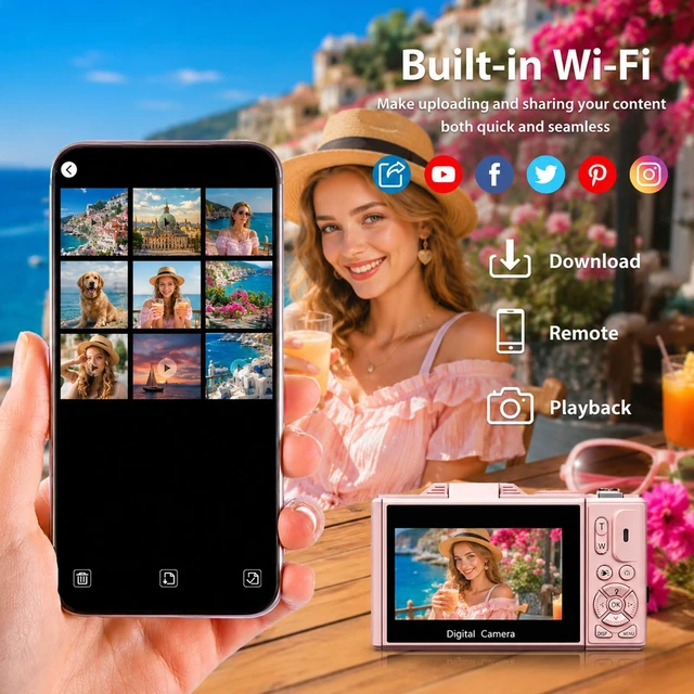 Alt view image 6 of 7 - 4K Digital Camera for Photography,64MP Vlogging Camera with 180°Flip Screen Compact Point and Shoot Camera 18X Digital Zoom,WIFI,Autofocus Travel Camera Kit with Flash,32GB TF Card & 2 Batteries,Pink