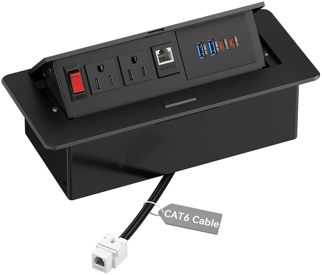 Main image of Conference Table Power Outlets with 2 USB C PD 30W, CAT6 Port Recessed Table Power Outlets with Switch, CAT6 Cable, 2 USB-C & 2 USB-A Ports, Metal Housing, Pop-Up Design