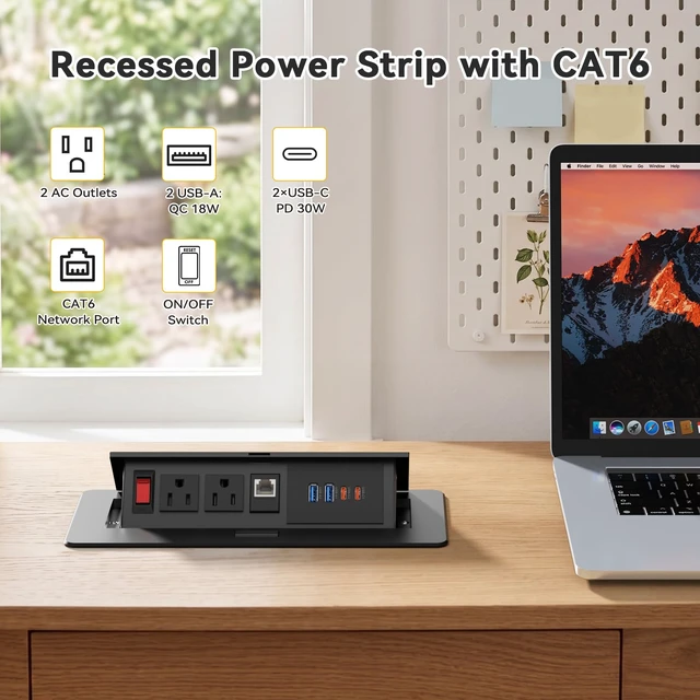 Alt view image 2 of 7 - Conference Table Power Outlets with 2 USB C PD 30W, CAT6 Port Recessed Table Power Outlets with Switch, CAT6 Cable, 2 USB-C & 2 USB-A Ports, Metal Housing, Pop-Up Design