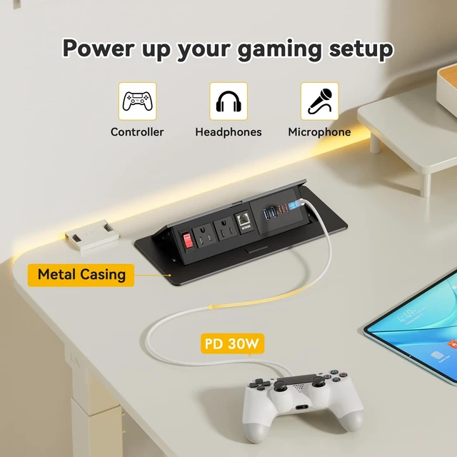 Alt view image 3 of 7 - Conference Table Power Outlets with 2 USB C PD 30W, CAT6 Port Recessed Table Power Outlets with Switch, CAT6 Cable, 2 USB-C & 2 USB-A Ports, Metal Housing, Pop-Up Design