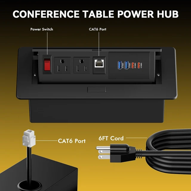 Alt view image 4 of 7 - Conference Table Power Outlets with 2 USB C PD 30W, CAT6 Port Recessed Table Power Outlets with Switch, CAT6 Cable, 2 USB-C & 2 USB-A Ports, Metal Housing, Pop-Up Design