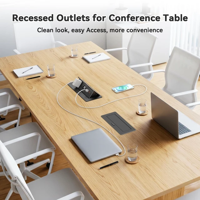 Alt view image 7 of 7 - Conference Table Power Outlets with 2 USB C PD 30W, CAT6 Port Recessed Table Power Outlets with Switch, CAT6 Cable, 2 USB-C & 2 USB-A Ports, Metal Housing, Pop-Up Design