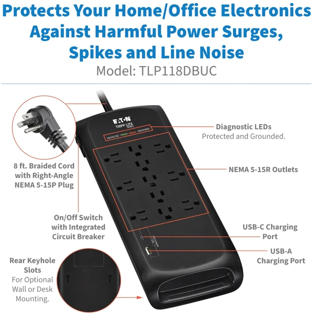 Alt view image 2 of 7 - Eaton TLP118DBUC Surge Protector 11 Outlet with USB & USB-C 4200 Joules, 8ft Braided Flat Plug Extension Cord, EMI/RFI Filtering, Under Desk & Wall Mountable