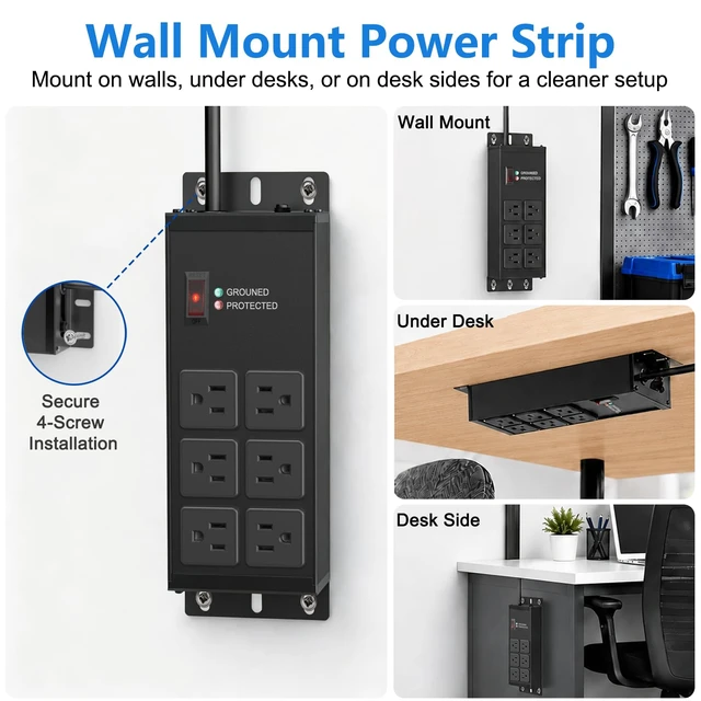 Alt view image 6 of 7 - Heavy Duty Surge Protector Power Strip Black, 6 Outlets, 6FT (Pack of 2)