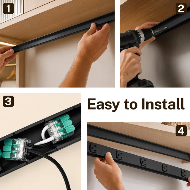 Alt view image 6 of 7 - Under Cabinet Power Strip Hardwire, 6 Tamper Resistant Outlets with 2 USB, Full-Metal Hardwired, Linkable, Power Strip for Conference Tables workbenches, ETL Listed, 15A, Black