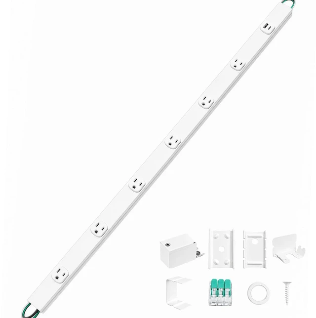 Main image of Under Cabinet Power Strip Hardwire, 6 Tamper Resistant Outlets with 2 USB, Full-Metal Hardwired, Linkable, Power Strip for Conference Tables workbenches, ETL Listed, 15A, White