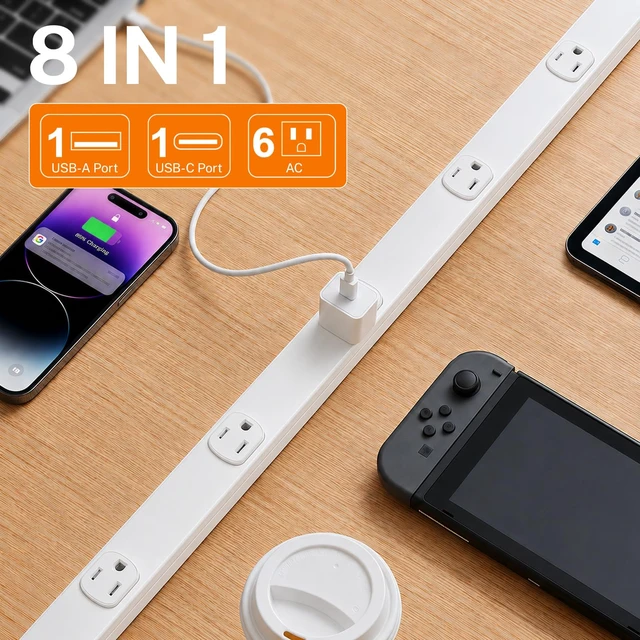 Alt view image 5 of 7 - Under Cabinet Power Strip Hardwire, 6 Tamper Resistant Outlets with 2 USB, Full-Metal Hardwired, Linkable, Power Strip for Conference Tables workbenches, ETL Listed, 15A, White