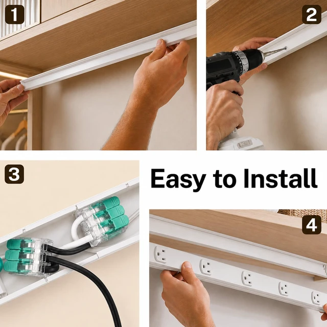 Alt view image 6 of 7 - Under Cabinet Power Strip Hardwire, 6 Tamper Resistant Outlets with 2 USB, Full-Metal Hardwired, Linkable, Power Strip for Conference Tables workbenches, ETL Listed, 15A, White