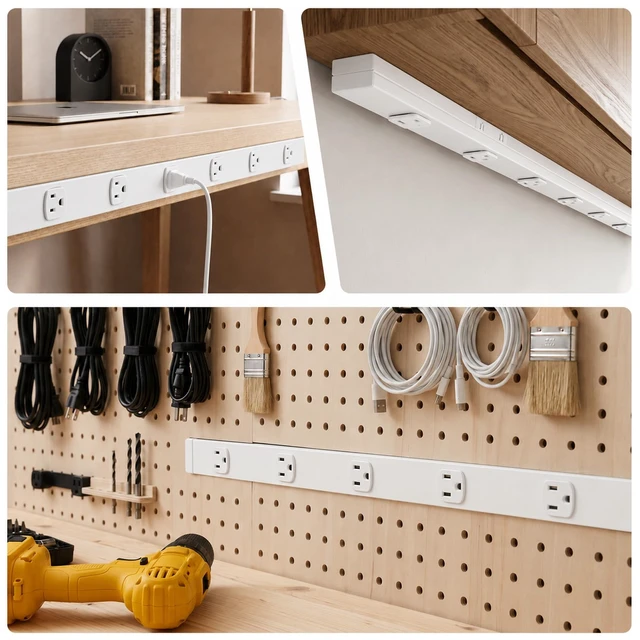 Alt view image 7 of 7 - Under Cabinet Power Strip Hardwire, 6 Tamper Resistant Outlets with 2 USB, Full-Metal Hardwired, Linkable, Power Strip for Conference Tables workbenches, ETL Listed, 15A, White