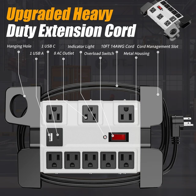 Alt view image 4 of 7 - 8-Outlet Metal Heavy Duty Power Strip with USB-C, Wide-Spaced, Grey, 10ft (Pack of 2)
