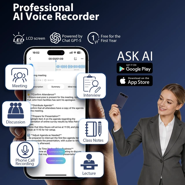 Alt view image 3 of 7 - AI Voice Recorder, Pocket AI Recorder with Transcribe & Summarize, AI Noise Cancellation Technology, 64GB Memory, 35 Hours Recording, App Control, Supports 152 Languages for Lectures, Meetings, Calls