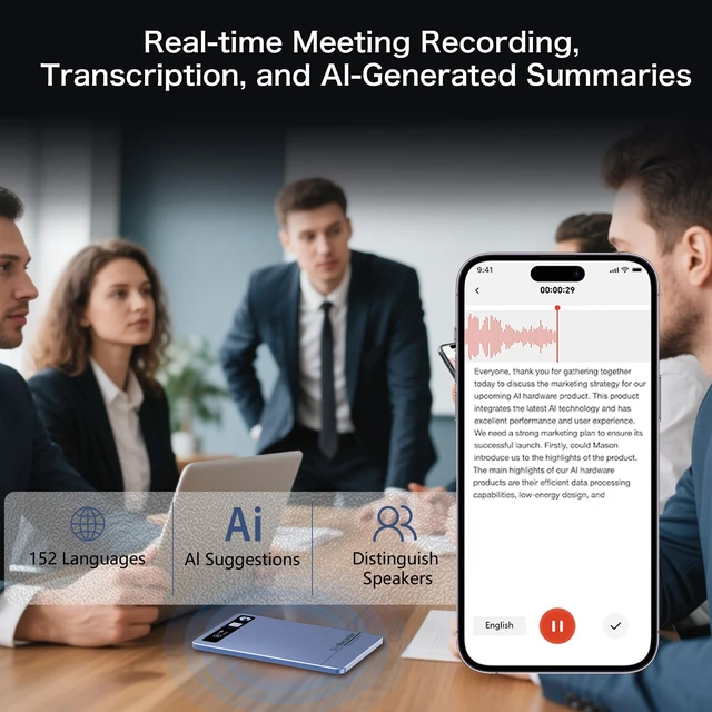 Alt view image 5 of 7 - AI Voice Recorder, Pocket AI Recorder with Transcribe & Summarize, AI Noise Cancellation Technology, 64GB Memory, 35 Hours Recording, App Control, Supports 152 Languages for Lectures, Meetings, Calls