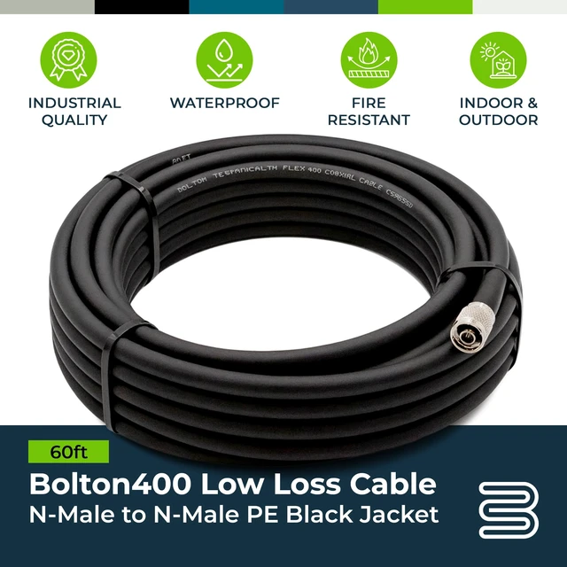 Alt view image 2 of 7 - Bolton400 Coaxial Cable 60ft Black, N Male to N Male - LMR®400 Equivalent Heavy-Duty Ultra-Low-Loss 50-Ohm Design for Signal Boosters, Antennas and Networking Equipment in Residential & Commercial