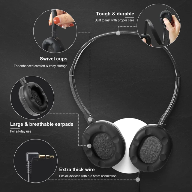 Alt view image 3 of 5 - Flutesan 30 Pack Wired Headphones, Adjustable On Ear Headphones, Black | with Stereo, Earbuds for Schools, Laptop, Travel, Plane, Tablet