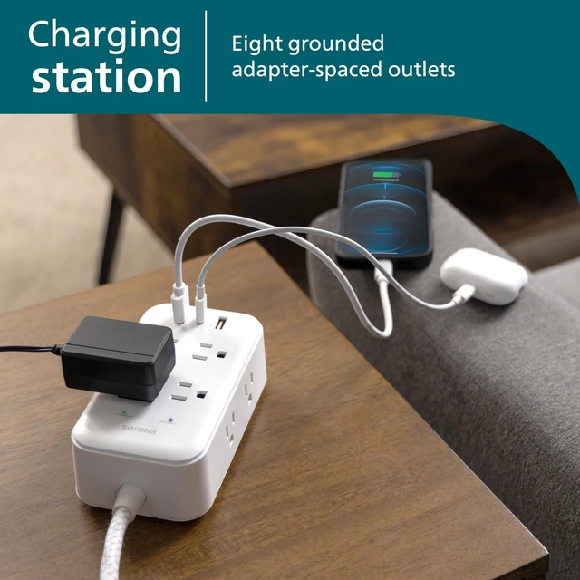 Alt view image 3 of 6 - Surge Protector Power Strip with USB Ports 6 Ft Braided Extension Cord, 3120 Joules, 8 Outlet Extender (Wide Spaced), 2 USB-A, 1 USB-C, Flat Plug, ETL Safety Listed