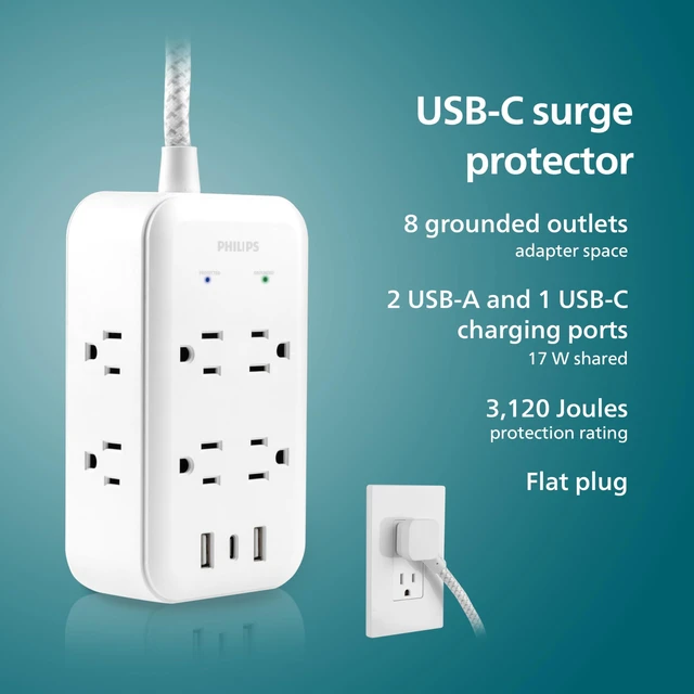 Alt view image 2 of 6 - Surge Protector Power Strip with USB Ports 6 Ft Braided Extension Cord, 3120 Joules, 8 Outlet Extender (Wide Spaced), 2 USB-A, 1 USB-C, Flat Plug, ETL Safety Listed