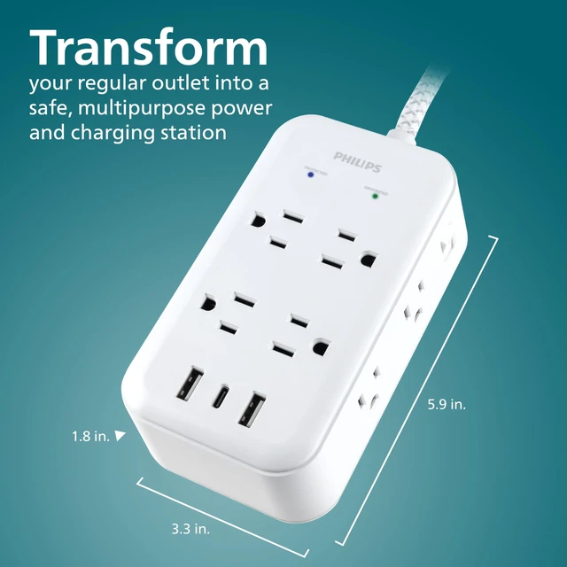 Alt view image 6 of 6 - Surge Protector Power Strip with USB Ports 6 Ft Braided Extension Cord, 3120 Joules, 8 Outlet Extender (Wide Spaced), 2 USB-A, 1 USB-C, Flat Plug, ETL Safety Listed