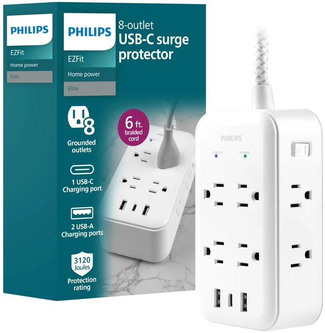 Main image of Surge Protector Power Strip with USB Ports 6 Ft Braided Extension Cord, 3120 Joules, 8 Outlet Extender (Wide Spaced), 2 USB-A, 1 USB-C, Flat Plug, ETL Safety Listed