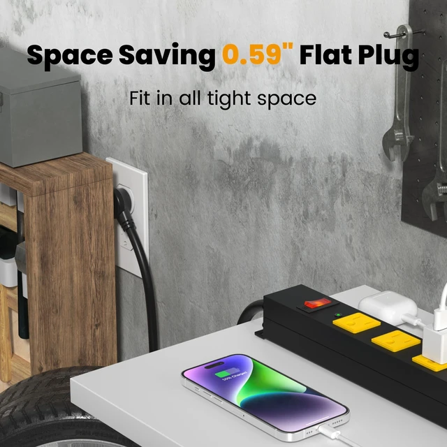 Alt view image 2 of 7 - Metal 12 Outlet Mountable Power Strip, 2100J Surge Protector with Heavy Duty 6ft Extension Cord, Wide Spaced and Wall Mount Metal Powerstrip for Garage, Desk, Industrial, Shop and Indoor (6ft - 2Pack)