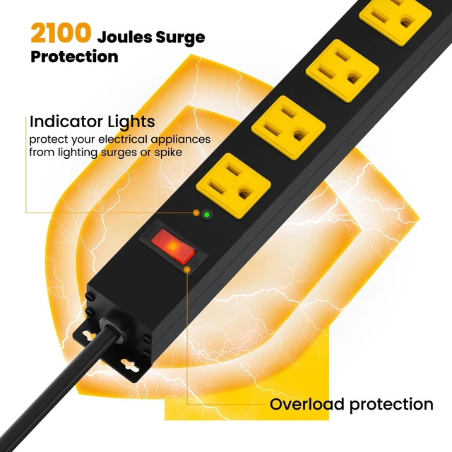 Alt view image 4 of 7 - Metal 12 Outlet Mountable Power Strip, 2100J Surge Protector with Heavy Duty 6ft Extension Cord, Wide Spaced and Wall Mount Metal Powerstrip for Garage, Desk, Industrial, Shop and Indoor (6ft - 2Pack)
